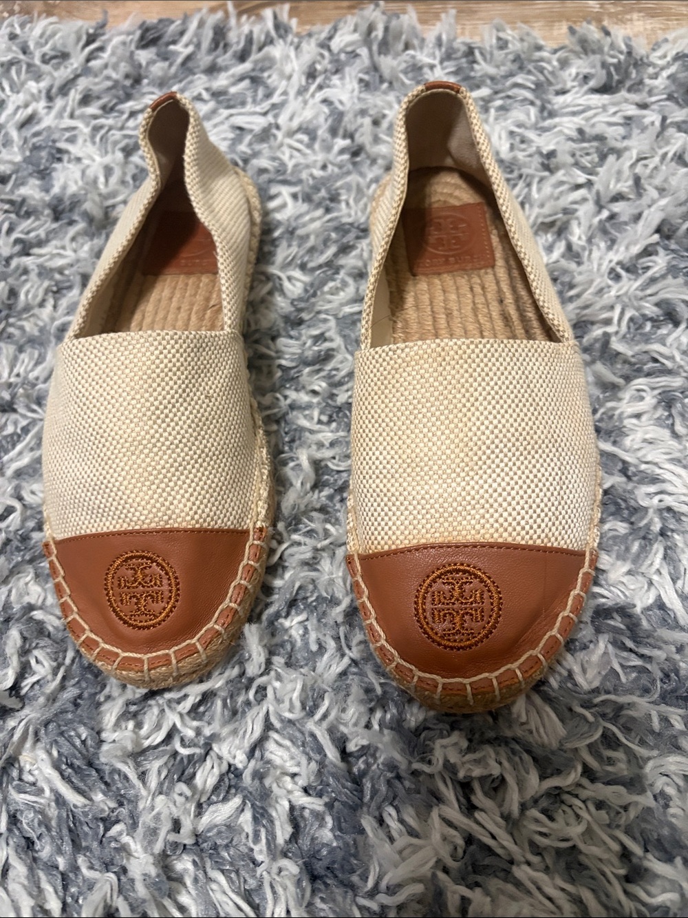 Tory Burch Cream Canvas Espadrille Slip-Ons with Brown Leather Toe